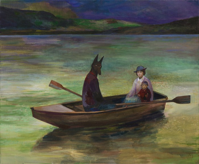 Joanna Karpowicz „Anubis w łódce”, 53 x 65 cm, akryl na płótnie, 2013