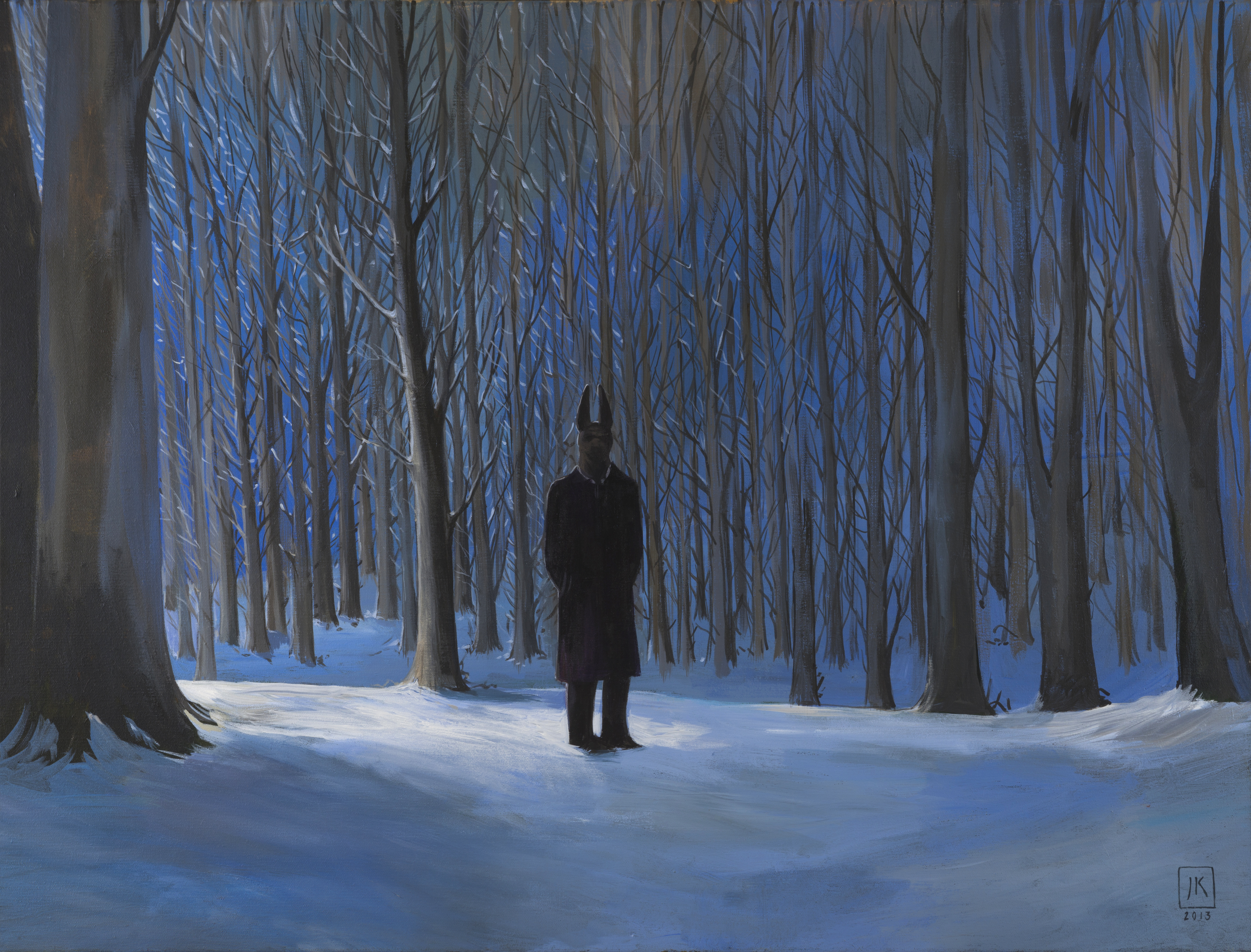 Joanna Karpowicz „Anubis w Lasku Wolskim”, 67 x 90 cm, akryl na płótnie, 2016