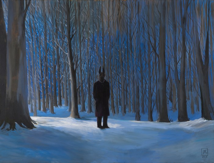 Joanna Karpowicz „Anubis w Lasku Wolskim”, 67 x 90 cm, akryl na płótnie, 2016